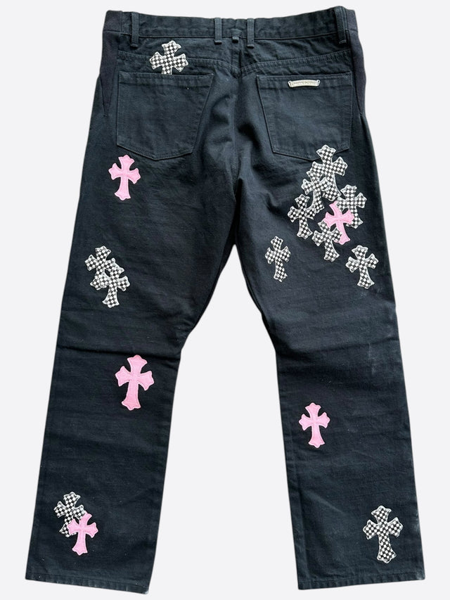Chrome Hearts Pink and Checkered Fleur Knee Jeans – back
