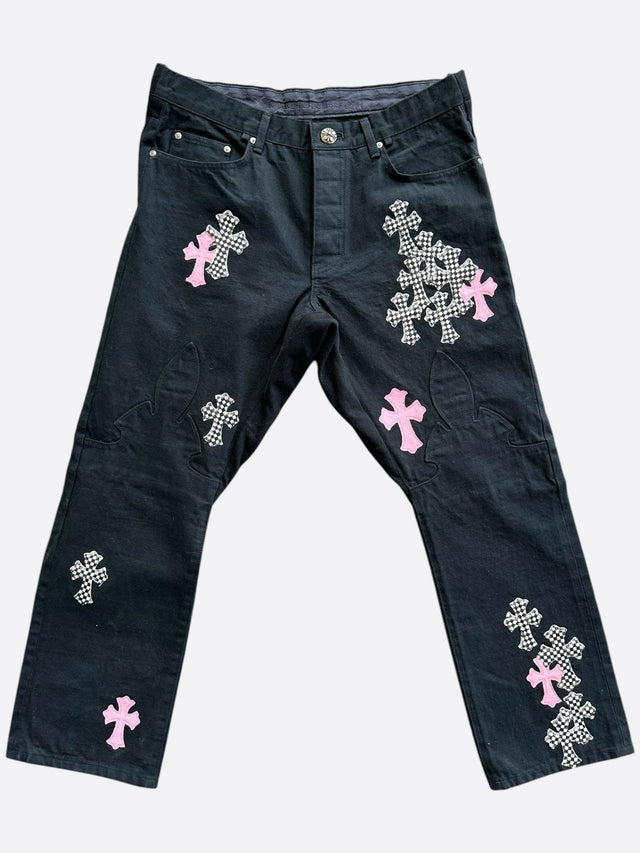 Chrome Hearts Pink and Checkered Fleur Knee Jeans – front