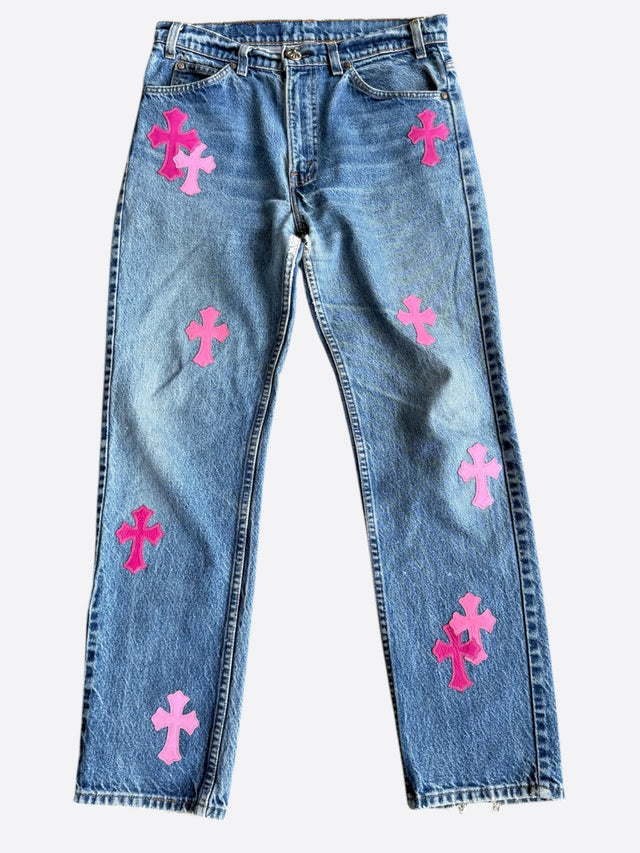 Chrome Hearts cross patch jeans – Blue / Pink