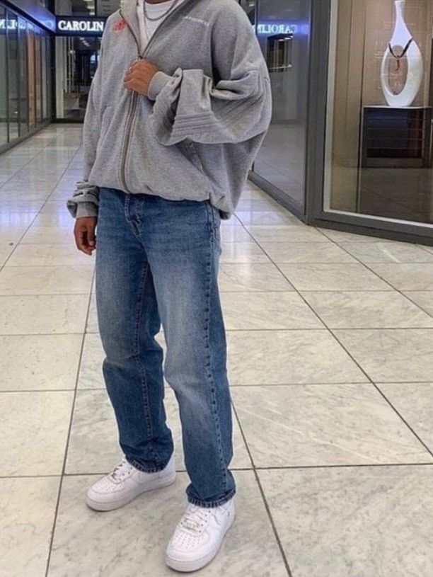 Grey hoodie and blue jeans streetwear outfit