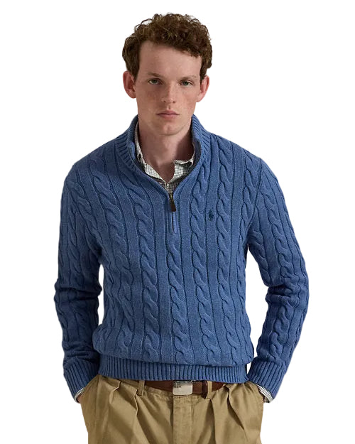 Polo Ralph Lauren Cable-Knit Cotton Quarter-Zip Jumper in Blue Borage Heather