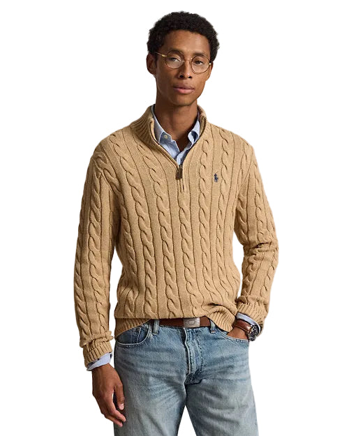Polo Ralph Lauren Cable-Knit Cotton Quarter-Zip Jumper in Camel Melange