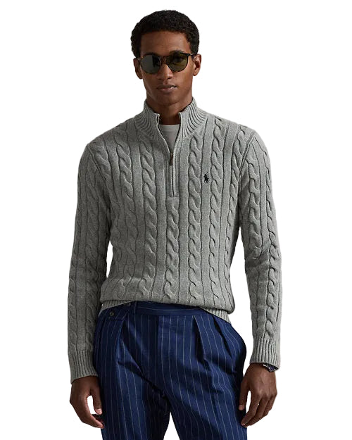 Polo Ralph Lauren Cable-Knit Cotton Quarter-Zip Jumper in Fawn Grey Heather