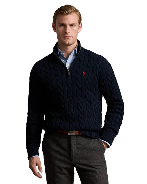Polo Ralph Lauren Cable-Knit Cotton Quarter-Zip Jumper in Hunter Navy/Red