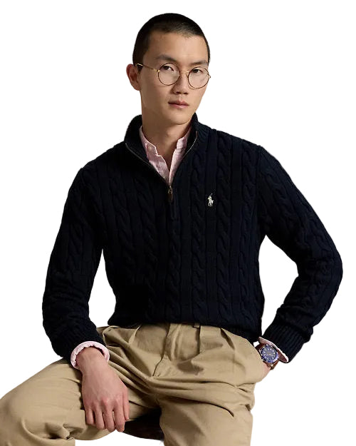 Polo Ralph Lauren Cable-Knit Cotton Quarter-Zip Jumper in Hunter Navy/White