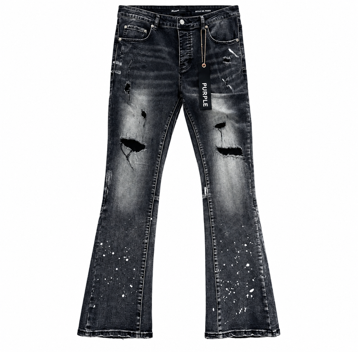 Purple washed black distressed flare jeans with white paint splatter