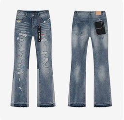 Purple Distressed Paint Flare Jeans