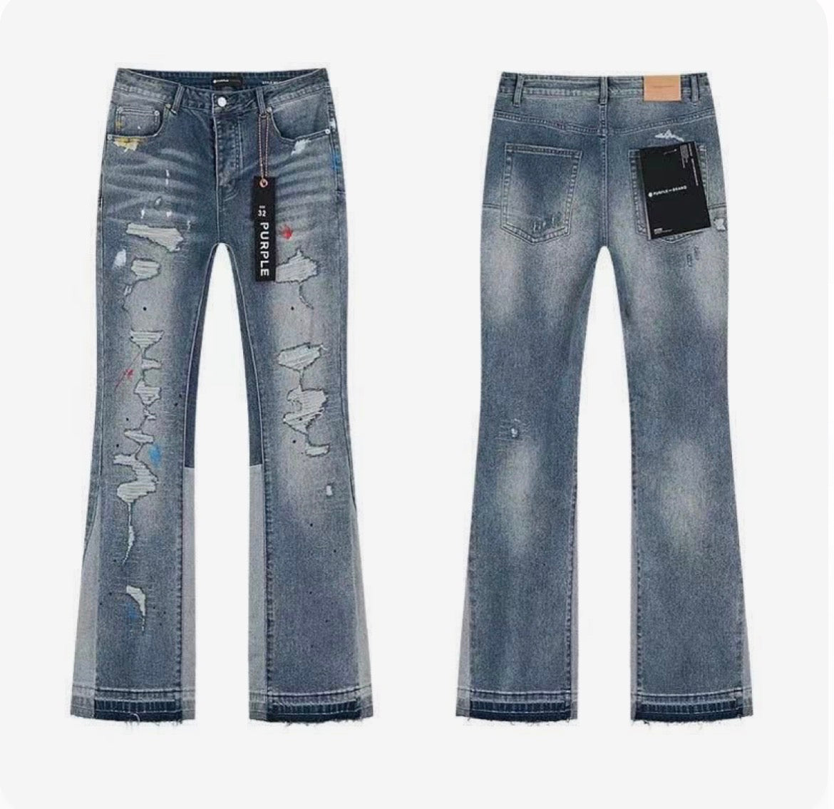 Purple blue flared jeans with extensive distressing and paint details, front and back