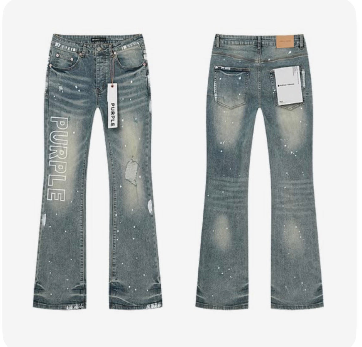 Purple blue flared jeans with outline logo and paint splatter, front and back