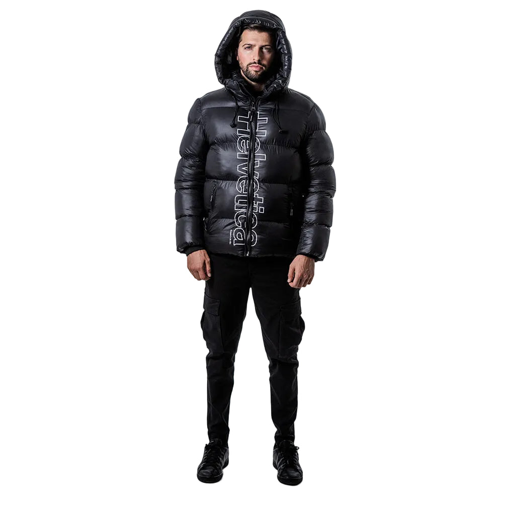 Black Helvetica Silver 2 hooded down jacket on white background