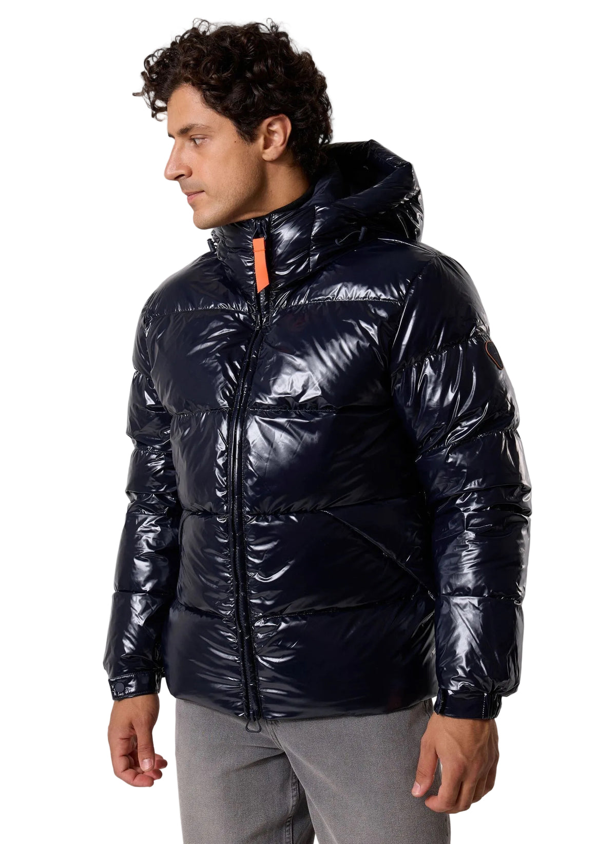 Dark Night Gertrude Vianney Bright glossy hooded puffer jacket