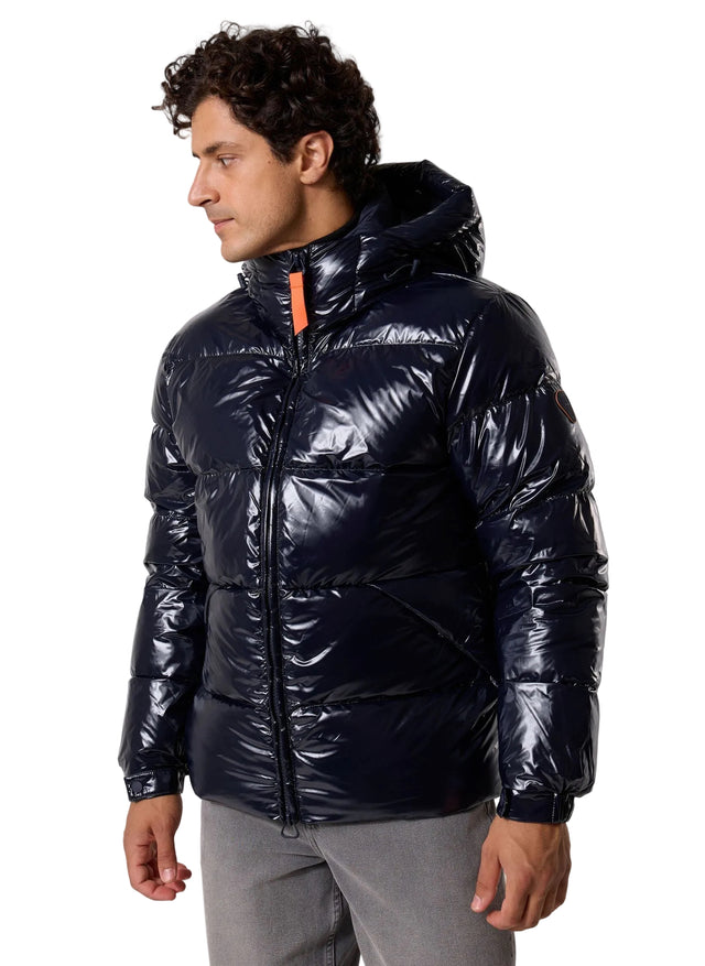 Dark Night Gertrude Vianney Bright glossy hooded puffer jacket